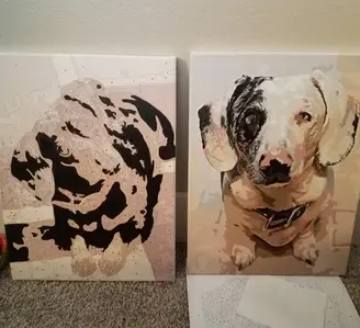 A side-by-side comparison of a custom pet paint by numbers canvas: an unpainted numbered outline next to a finished painting of a spotted dog.