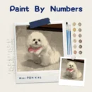 Personalized paint by numbers kit for beginners, displaying a fluffy white dog photo converted into a mini painting.