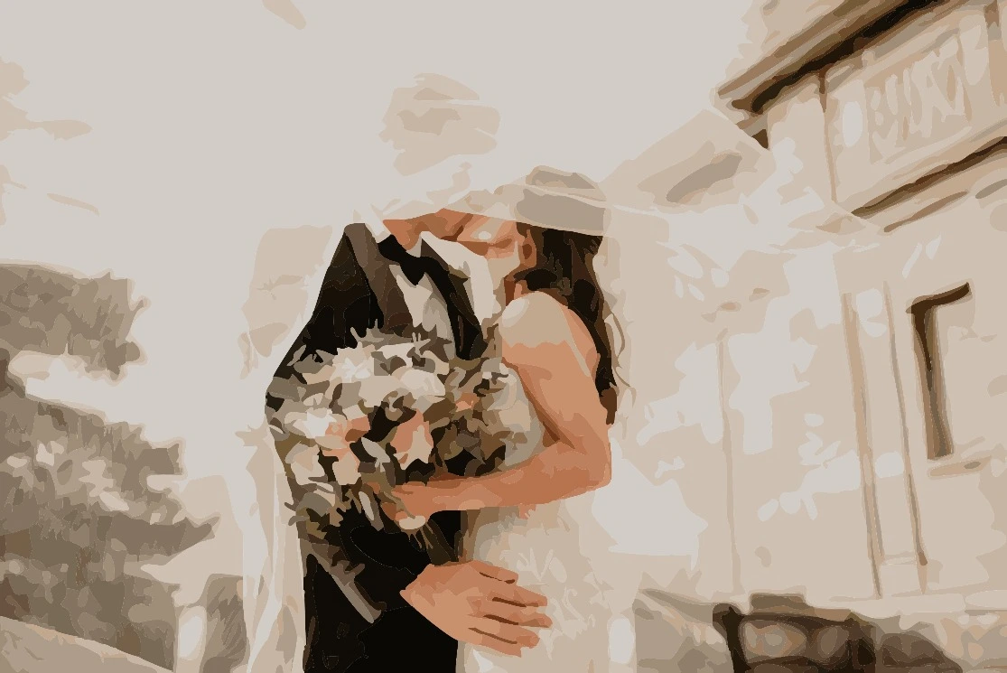 Digital color block preview of a wedding photo converted into a custom paint by numbers design.