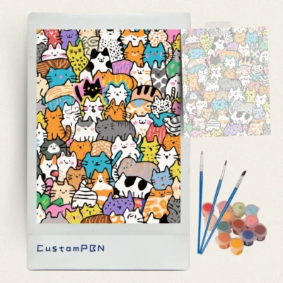 DIY art kit contents showing numbered pattern of doodle cats, acrylic paints, and brushes for custom painting.