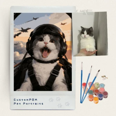 Excited cat wearing pilot gear custom paint by numbers for cat lovers