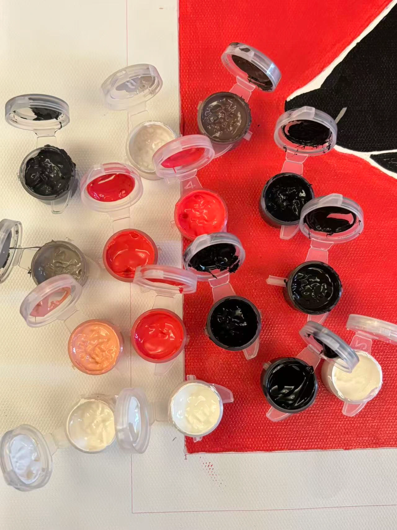 Close-up of open acrylic paint pots from a CustomPBN kit showing generous amounts of leftover paint.