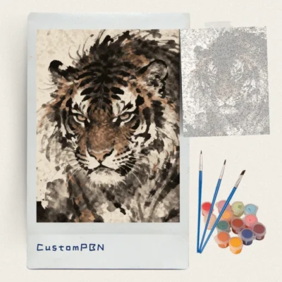 DIY Bengal Tiger paint by numbers kit contents showing paint pots, three brushes, and the canvas guide.