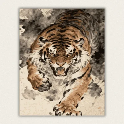 Finished DIY canvas painting of a fierce prowling tiger with 24 rich acrylic colors.