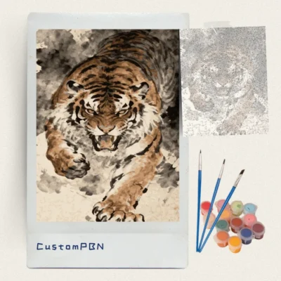 Complete tiger canvas art kit including the numbered canvas, 24 paint pots, and three brushes.
