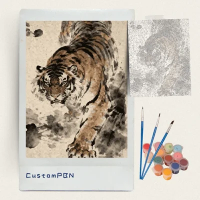 Complete DIY art set showing the Tiger design canvas, 24 acrylic paint pots, and three brushes.