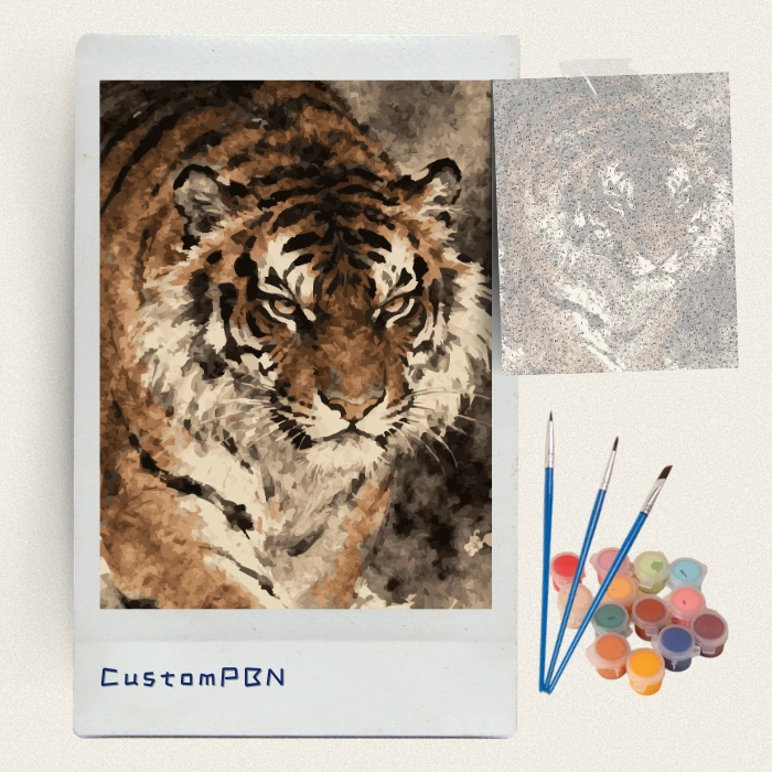 Tiger face portrait painting kit including the numbered canvas, 24 acrylic paints, and nylon brushes.