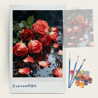 Red roses in the rain DIY painting kit with 24 acrylic colors and brushes by CustomPBN