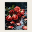 Finished artwork of vibrant red roses and fallen petals with water reflections on a dark background
