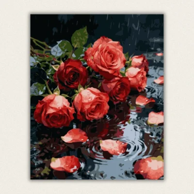 Finished artwork of vibrant red roses and fallen petals with water reflections on a dark background