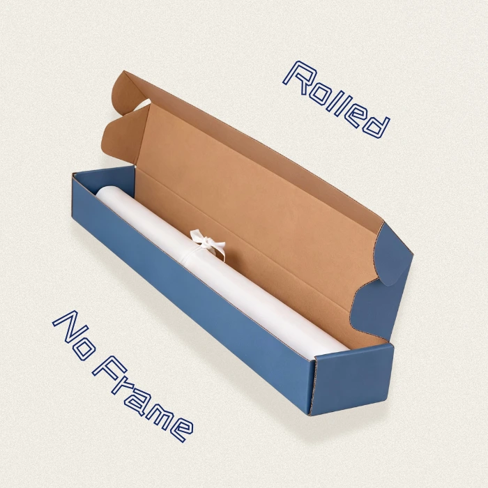Rolled frameless canvas securely packaged in a blue box