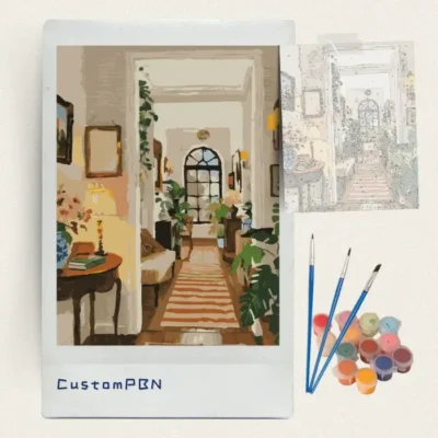 Adult paint by numbers kit with numbered canvas, 24 acrylic paints, and brushes for cozy room design