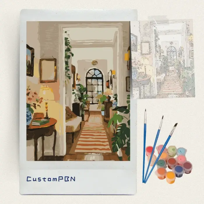 Adult paint by numbers kit with numbered canvas, 24 acrylic paints, and brushes for cozy room design