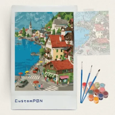 Alpine lake town DIY paint by numbers kit with acrylic paints and brushes