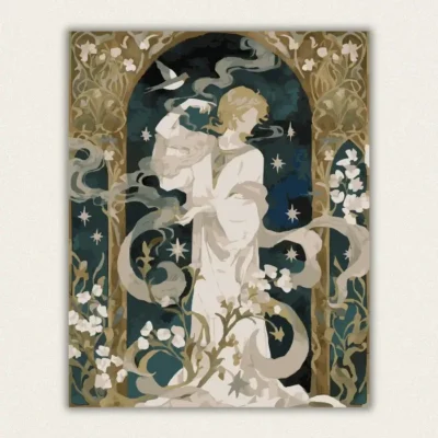 Finished Art Nouveau celestial woman paint by numbers canvas with starry night and floral arch