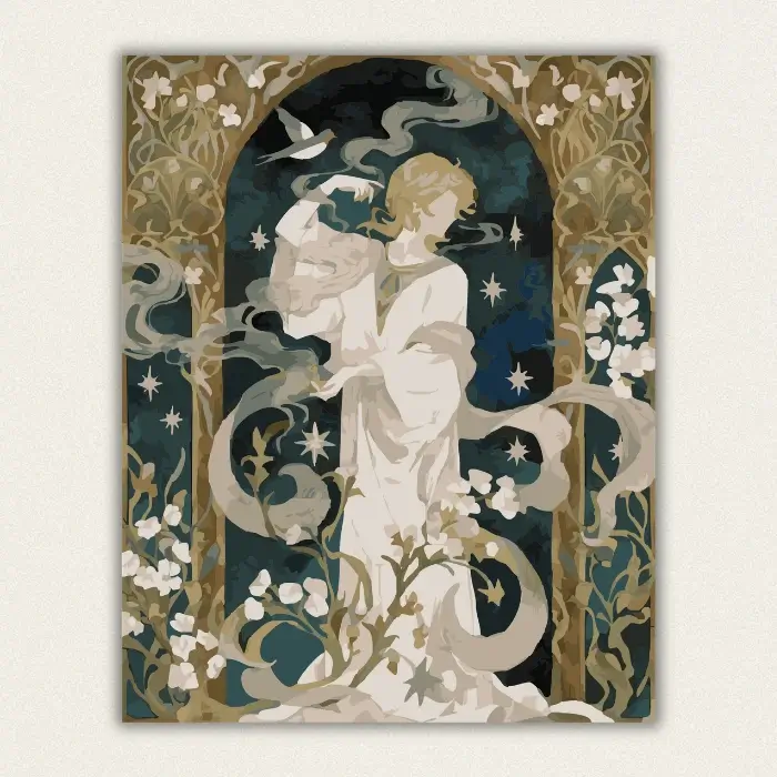 Finished Art Nouveau celestial woman paint by numbers canvas with starry night and floral arch