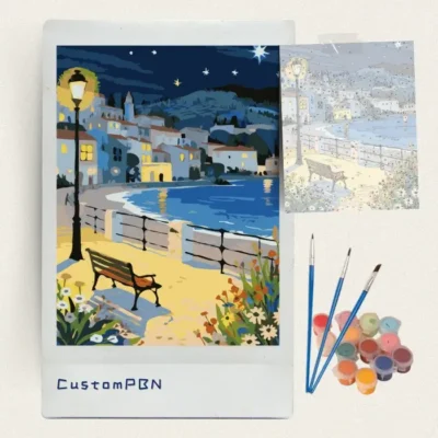 Adult paint by numbers kit with numbered canvas, 24 acrylic paints, and brushes for coastal scene