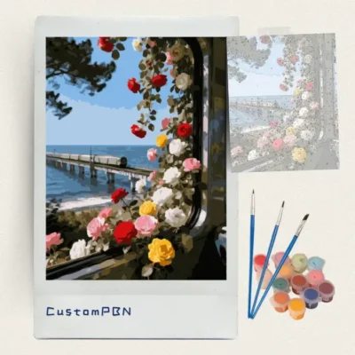 Coastal rose window DIY paint by numbers kit with acrylic paints and brushes