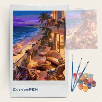 Sunset ocean view paint by numbers kit with 24 colors and brushes