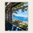 Finished DIY canvas art showing a scenic ocean view from a train window with bright coastal flowers