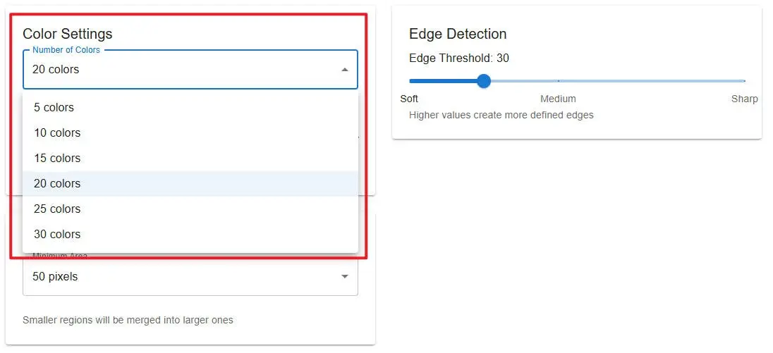 Complicated user interface of a custom paint by number creator online generator, showing confusing sliders for blur amount and edge threshold.