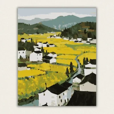 Finished countryside village with yellow fields paint by numbers canvas