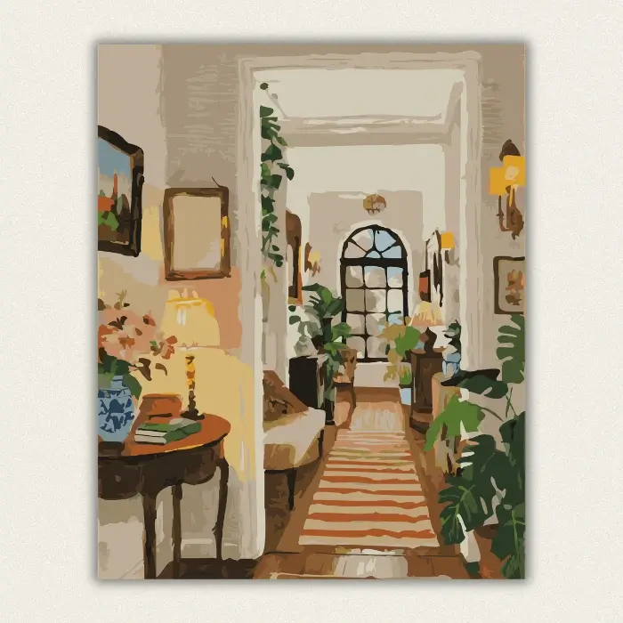 Finished cozy boho interior with plants paint by numbers canvas