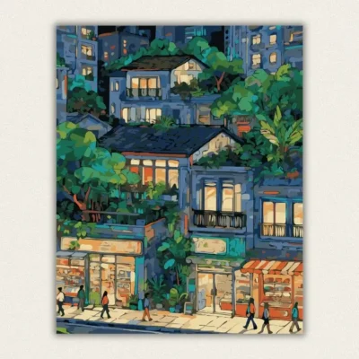 Finished cozy evening cityscape paint by numbers canvas art