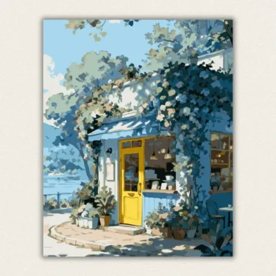 Finished cozy lakeside cafe paint by numbers canvas art