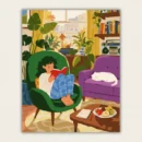 Finished cozy aesthetic room with girl reading and sleeping white cat paint by numbers canvas