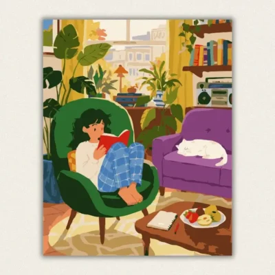 Finished cozy aesthetic room with girl reading and sleeping white cat paint by numbers canvas