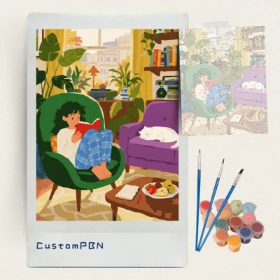 Cozy reading room paint by numbers kit with numbered canvas, 24 acrylic paints, and brushes