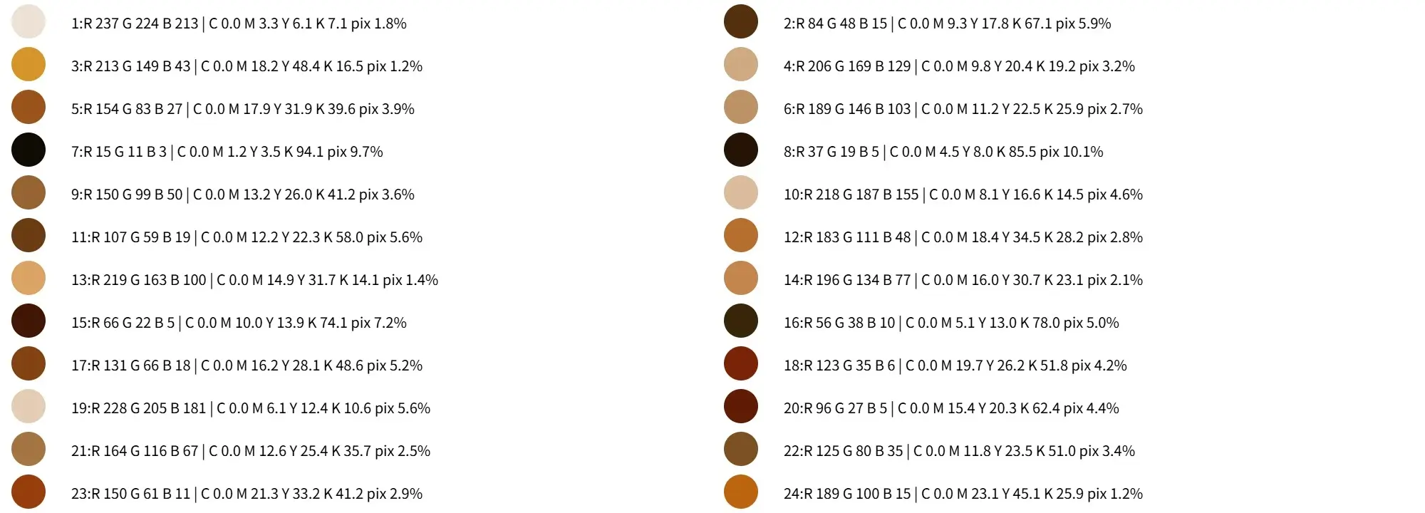 A detailed 24-color custom paint by numbers color chart generated by ImgPBN, displaying specific RGB and CMYK codes for exact acrylic paint mixing.