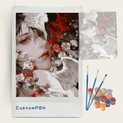 CustomPBN DIY dark fantasy anime paint by numbers kit contents with 16x20 canvas and 24 colors