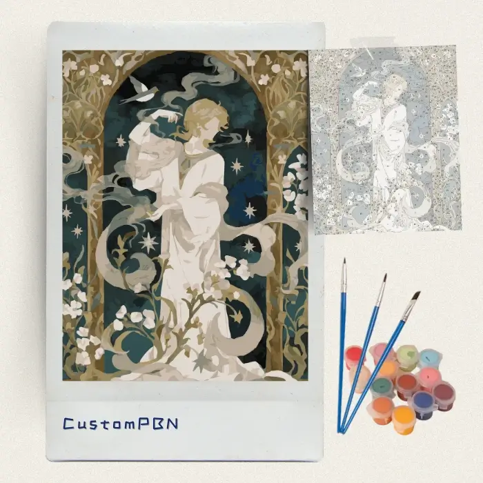 CustomPBN DIY paint by numbers kit contents including numbered canvas, 24 acrylic paint pots, and 3 brushes