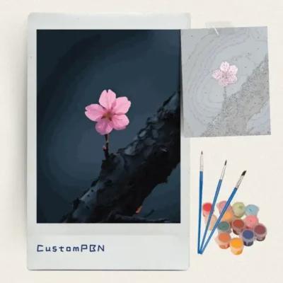 CustomPBN DIY minimalist cherry blossom paint by numbers kit contents with 16x20 canvas and 24 colors
