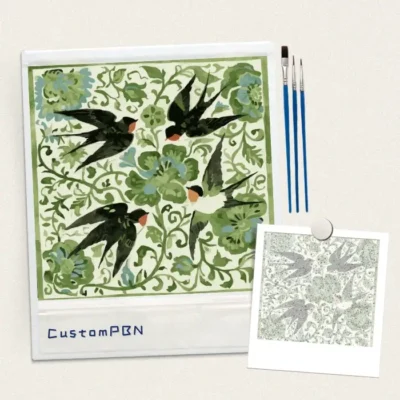 CustomPBN DIY botanical bird paint by numbers kit contents with 16x16 square canvas and 24 acrylic colors