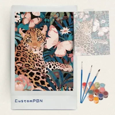 CustomPBN DIY tropical leopard paint by numbers kit contents with 16x20 canvas and 24 colors