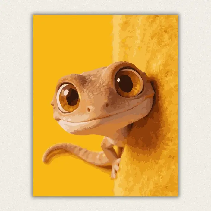Finished cute gecko on yellow background paint by numbers canvas