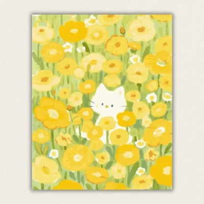 Finished cute white cat in yellow flowers paint by numbers canvas