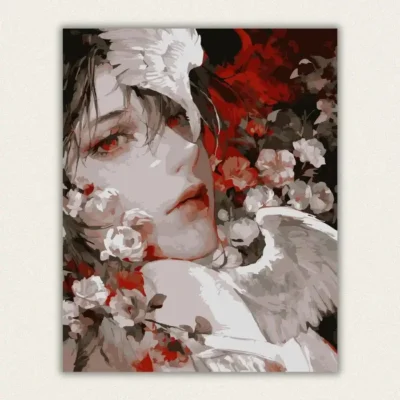 Finished dark fantasy anime angel boy with red eyes and roses paint by numbers canvas