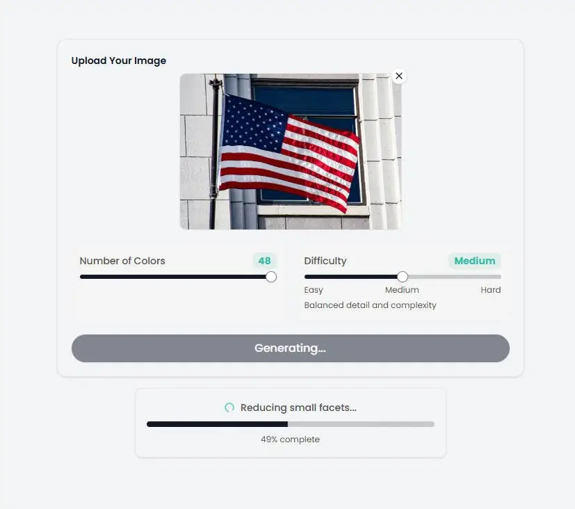 Upload interface of the Davincified online tool showing sliders to adjust the number of colors up to 48 and difficulty levels from easy to hard.