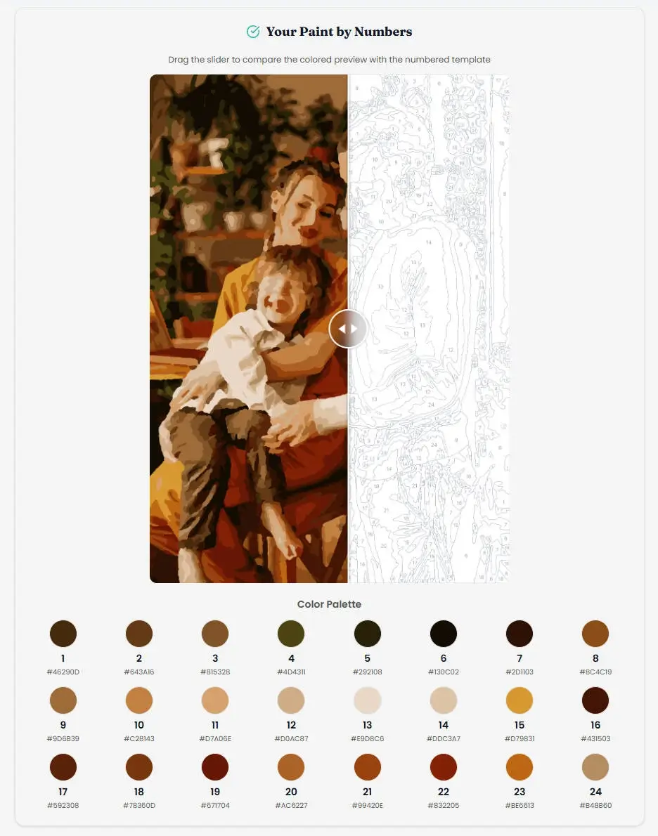 Review of the Davincified custom paint by numbers generator, showing a split-screen preview of a family portrait and a hex color palette.
