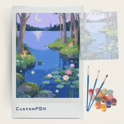 Enchanted forest lake DIY paint by numbers kit with brushes and acrylic paints