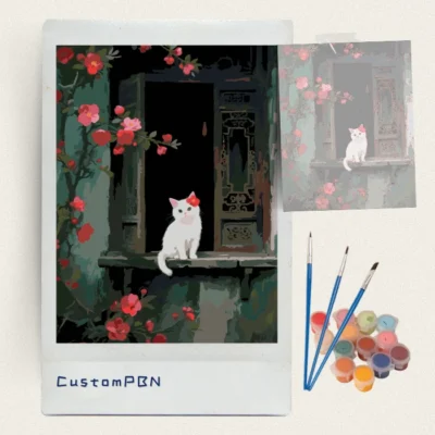White cat paint by numbers kit with 24 colors and brushes