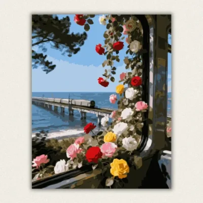Finished floral window and ocean pier paint by numbers canvas art