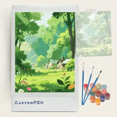 Forest landscape paint by numbers kit with numbered canvas, 24 acrylic paints, and brushes