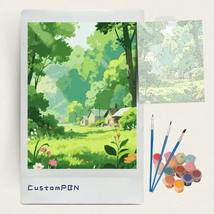 Forest landscape paint by numbers kit with numbered canvas, 24 acrylic paints, and brushes