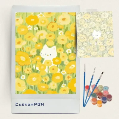 Kawaii cat and floral DIY paint by numbers kit with acrylic paints