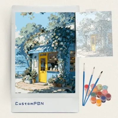 Lakeside cottage DIY paint by numbers kit with acrylic paints and brushes